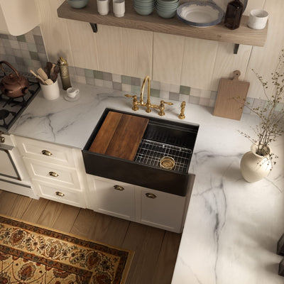 Front apron single bowl fireclay kitchen sinks with walnut wood cutting board and stainless steel grid