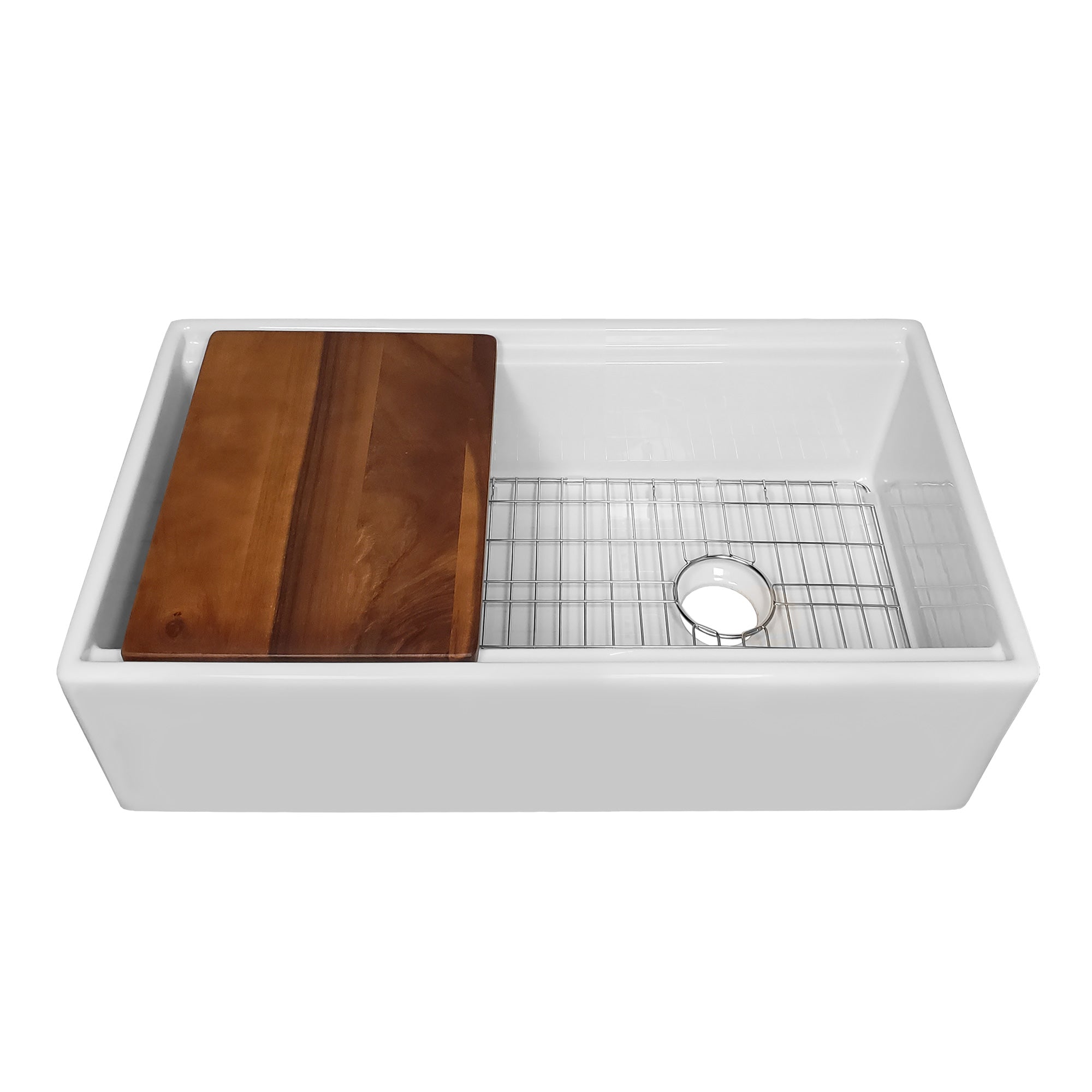 Front apron single bowl fireclay kitchen sinks with walnut wood cutting board and stainless steel grid