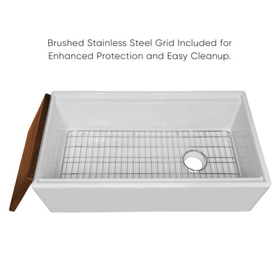 Front apron single bowl fireclay kitchen sinks with walnut wood cutting board and stainless steel grid