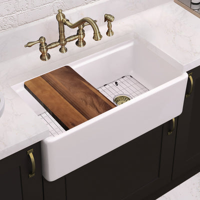 Front apron single bowl fireclay kitchen sinks with walnut wood cutting board and stainless steel grid