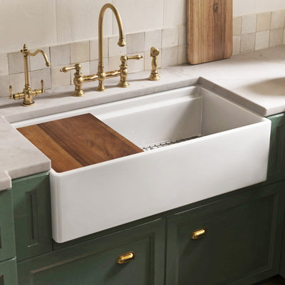 Front apron single bowl fireclay kitchen sinks with walnut wood cutting board and stainless steel grid
