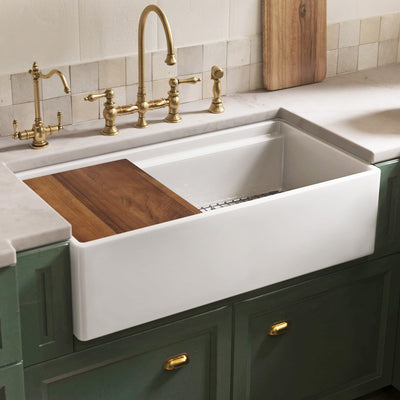 Front apron single bowl fireclay kitchen sinks with walnut wood cutting board and stainless steel grid