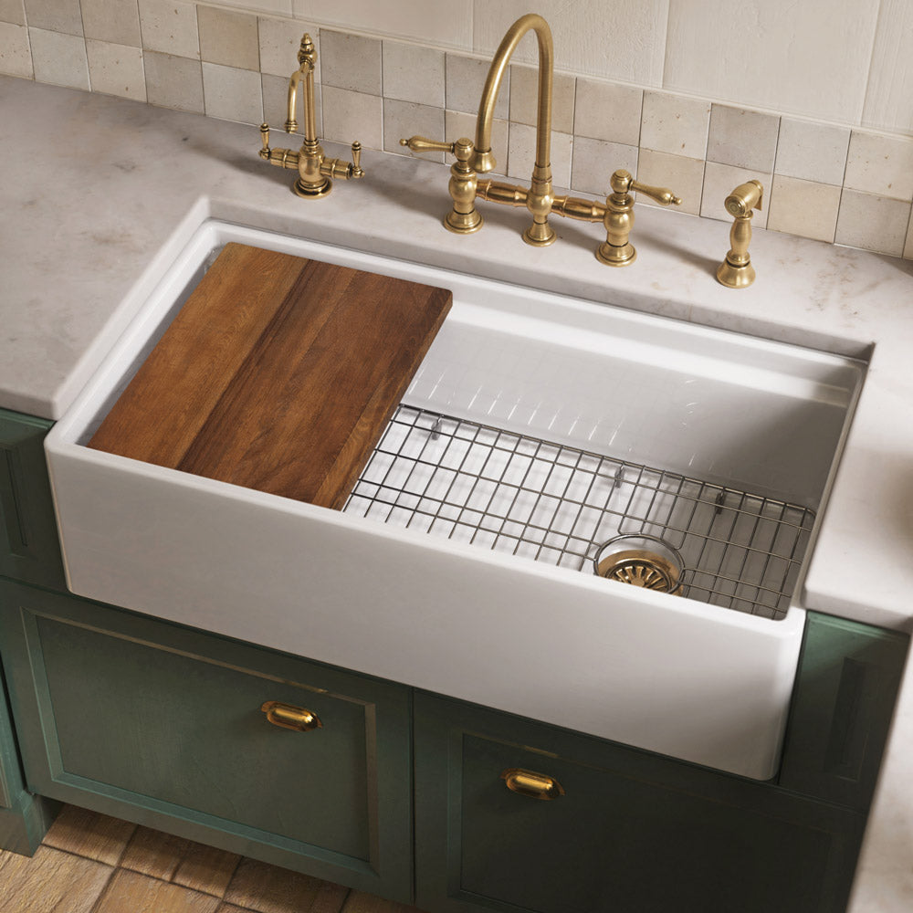 Front apron single bowl fireclay kitchen sinks with walnut wood cutting board and stainless steel grid