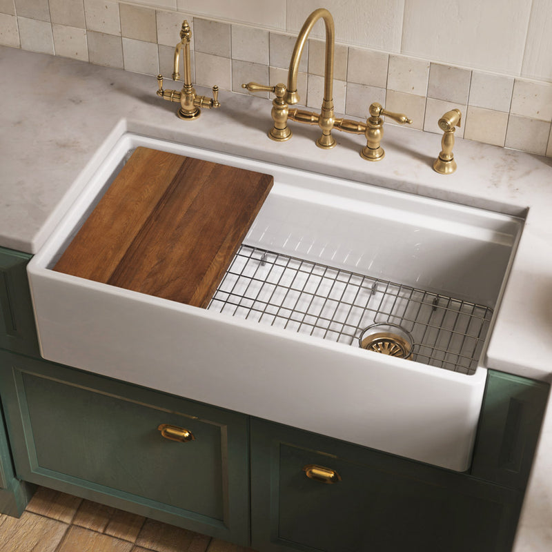 Front Apron Single Bowl Fireclay Kitchen Sinks With Walnut Wood Cutting Board and Stainless Steel Grid