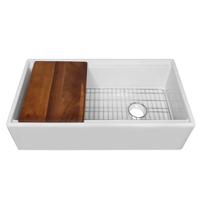 Front apron single bowl fireclay kitchen sinks with walnut wood cutting board and stainless steel grid
