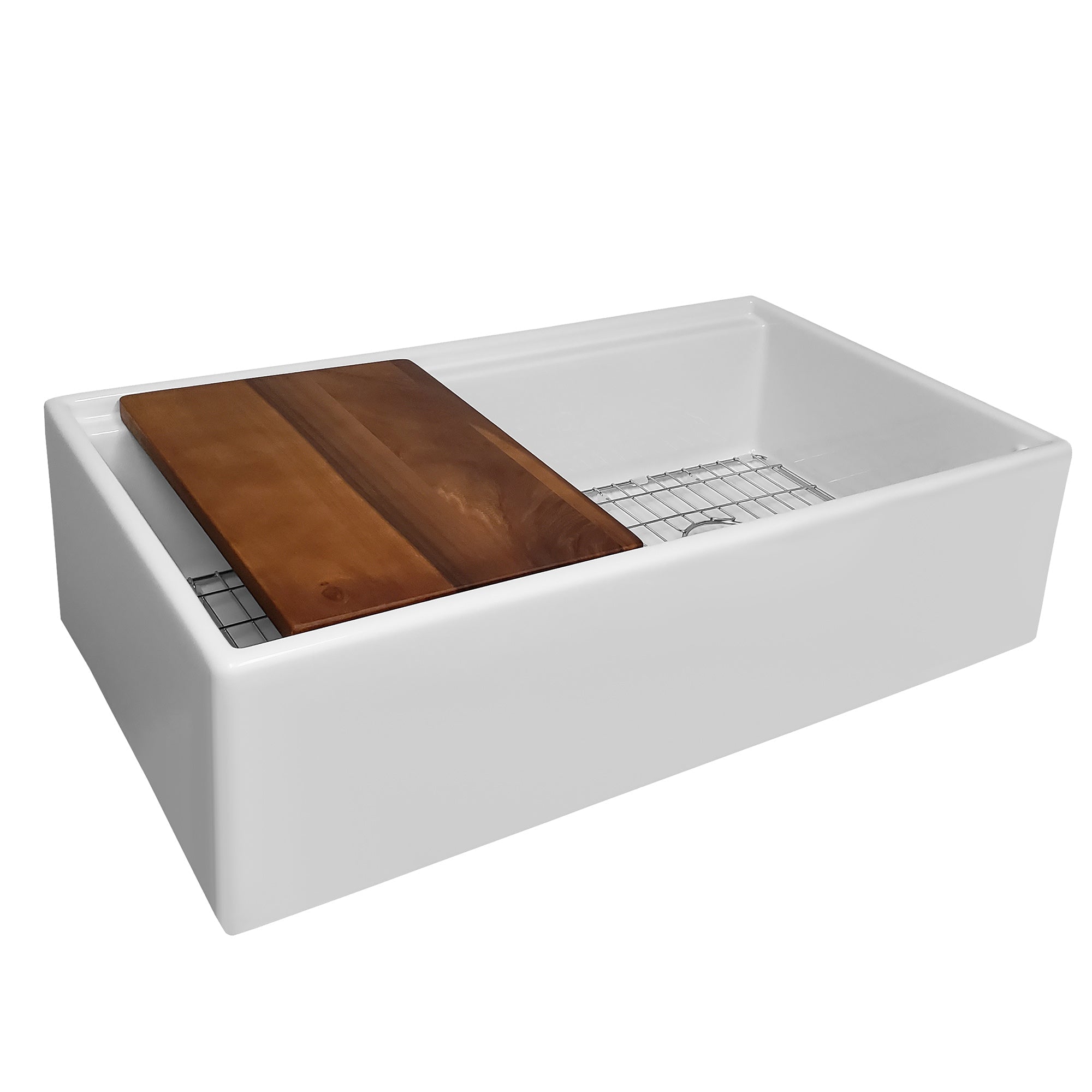 Front apron single bowl fireclay kitchen sinks with walnut wood cutting board and stainless steel grid