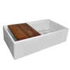 Front Apron Single Bowl Fireclay Kitchen Sinks With Walnut Wood Cutting Board and Stainless Steel Grid