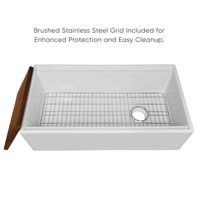 Front Apron Single Bowl Fireclay Kitchen Sinks With Walnut Wood Cutting Board and Stainless Steel Grid