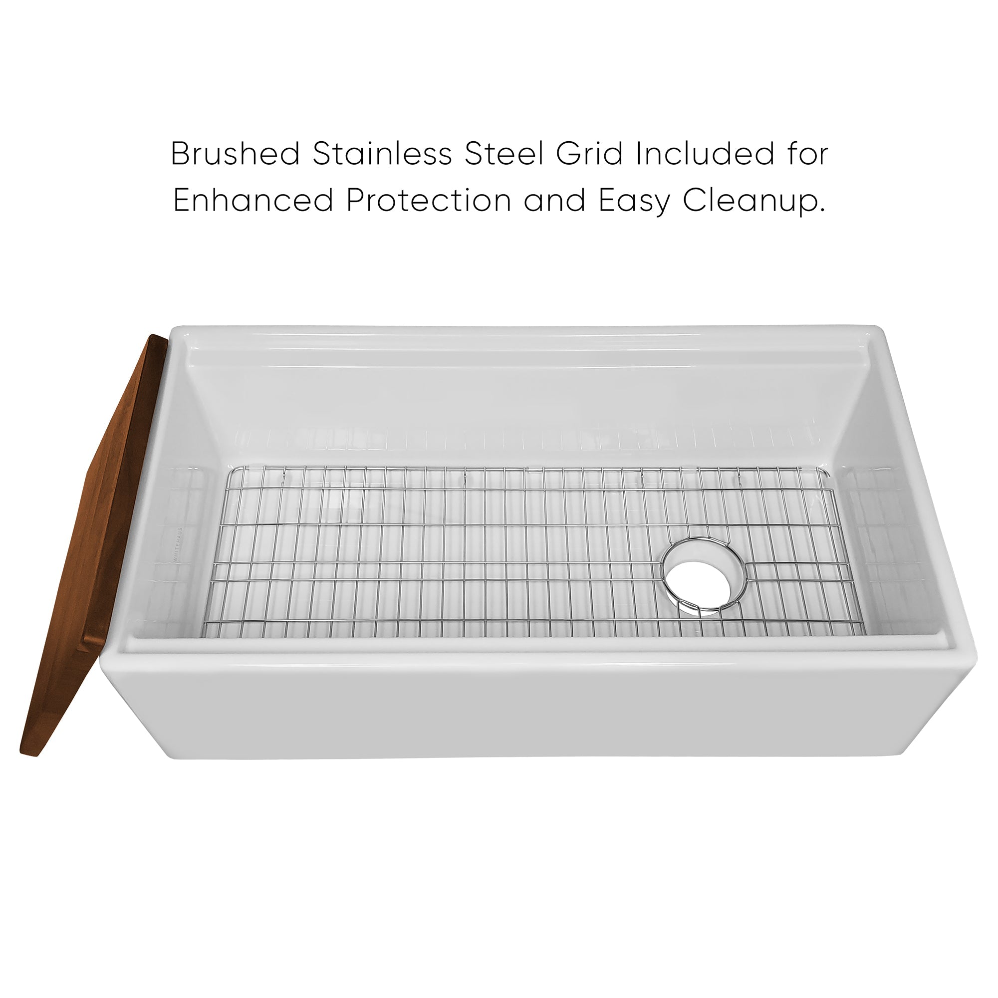Front apron single bowl fireclay kitchen sinks with walnut wood cutting board and stainless steel grid