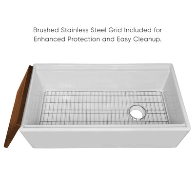 Front apron single bowl fireclay kitchen sinks with walnut wood cutting board and stainless steel grid