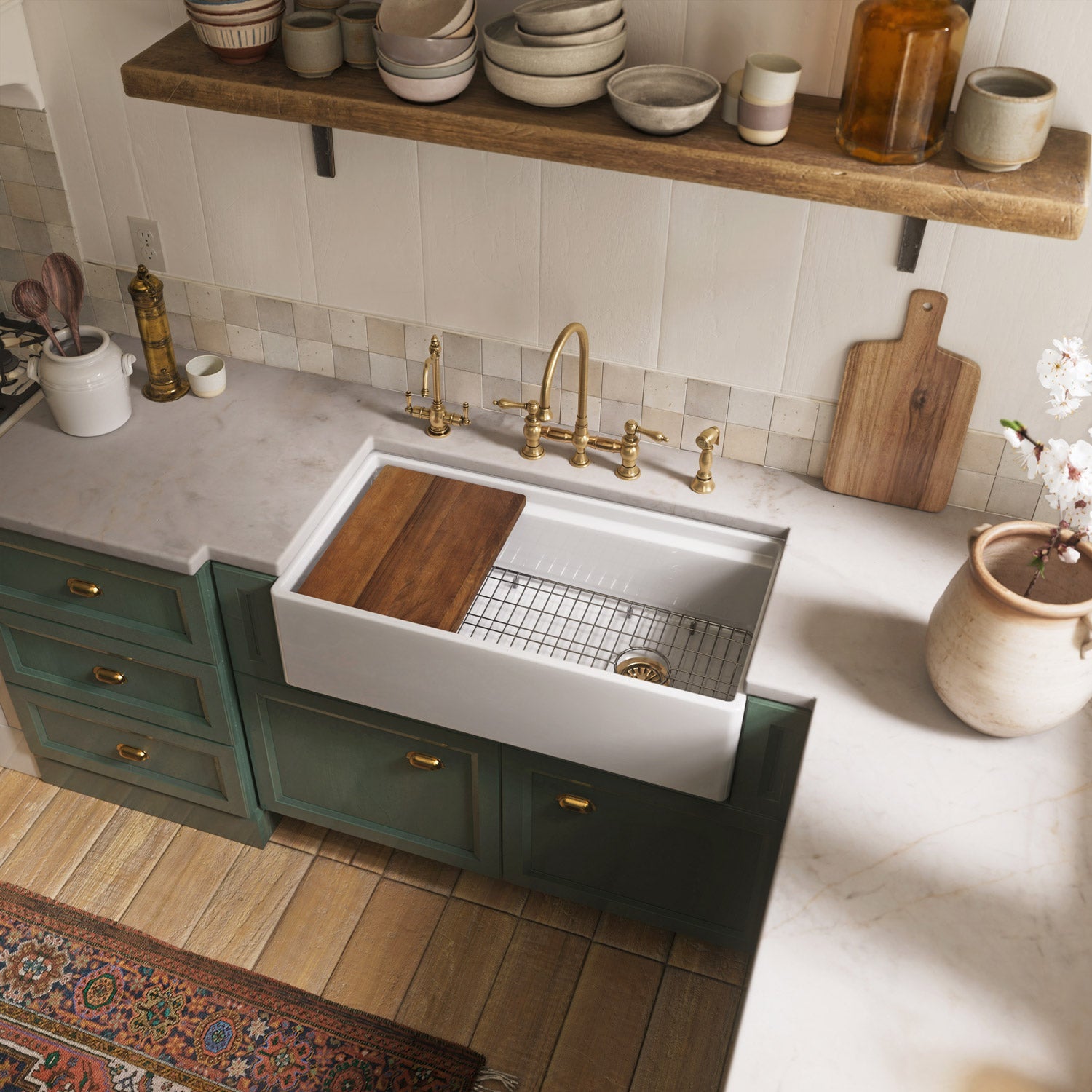 Front apron single bowl fireclay kitchen sinks with walnut wood cutting board and stainless steel grid