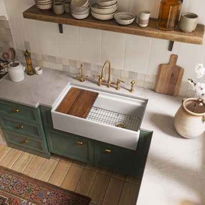 Front apron single bowl fireclay kitchen sinks with walnut wood cutting board and stainless steel grid