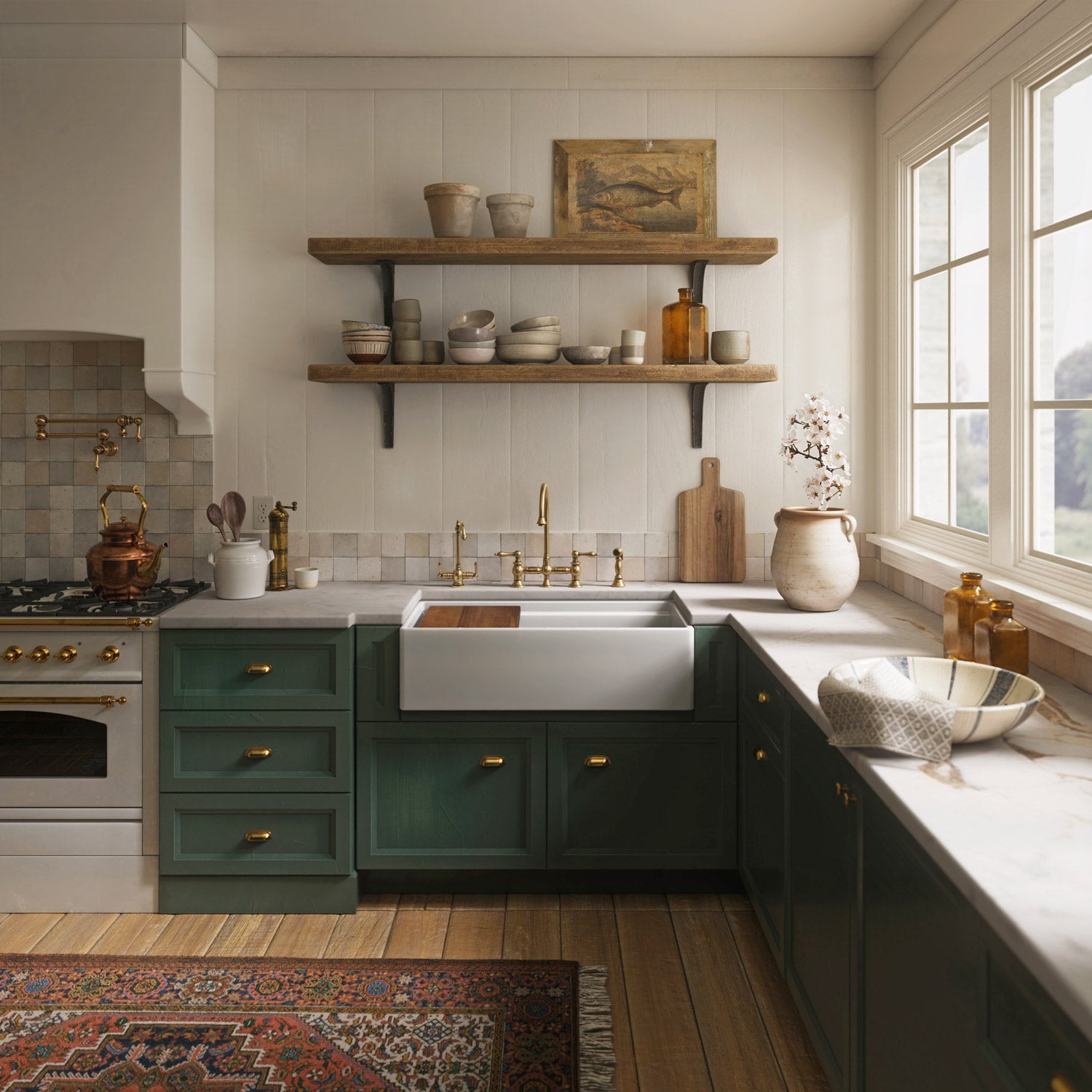 Front apron single bowl fireclay kitchen sinks with walnut wood cutting board and stainless steel grid