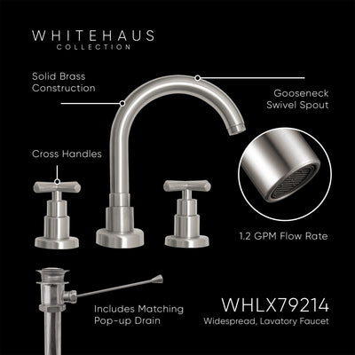 Luxe Widespread Lavatory Faucet with Tubular Swivel Spout, Cross Handles and Pop-up Waste