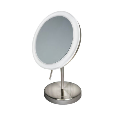 Anodized aluminum body round freestanding LED 5X magnified vanity mirror