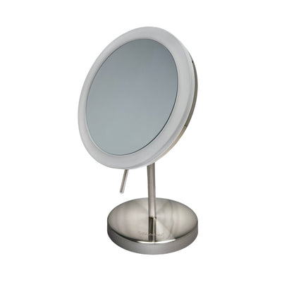 Anodized aluminum body round freestanding LED 5X magnified vanity mirror
