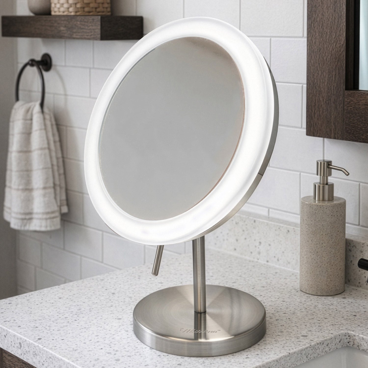 Anodized aluminum body round freestanding LED 5X magnified vanity mirror