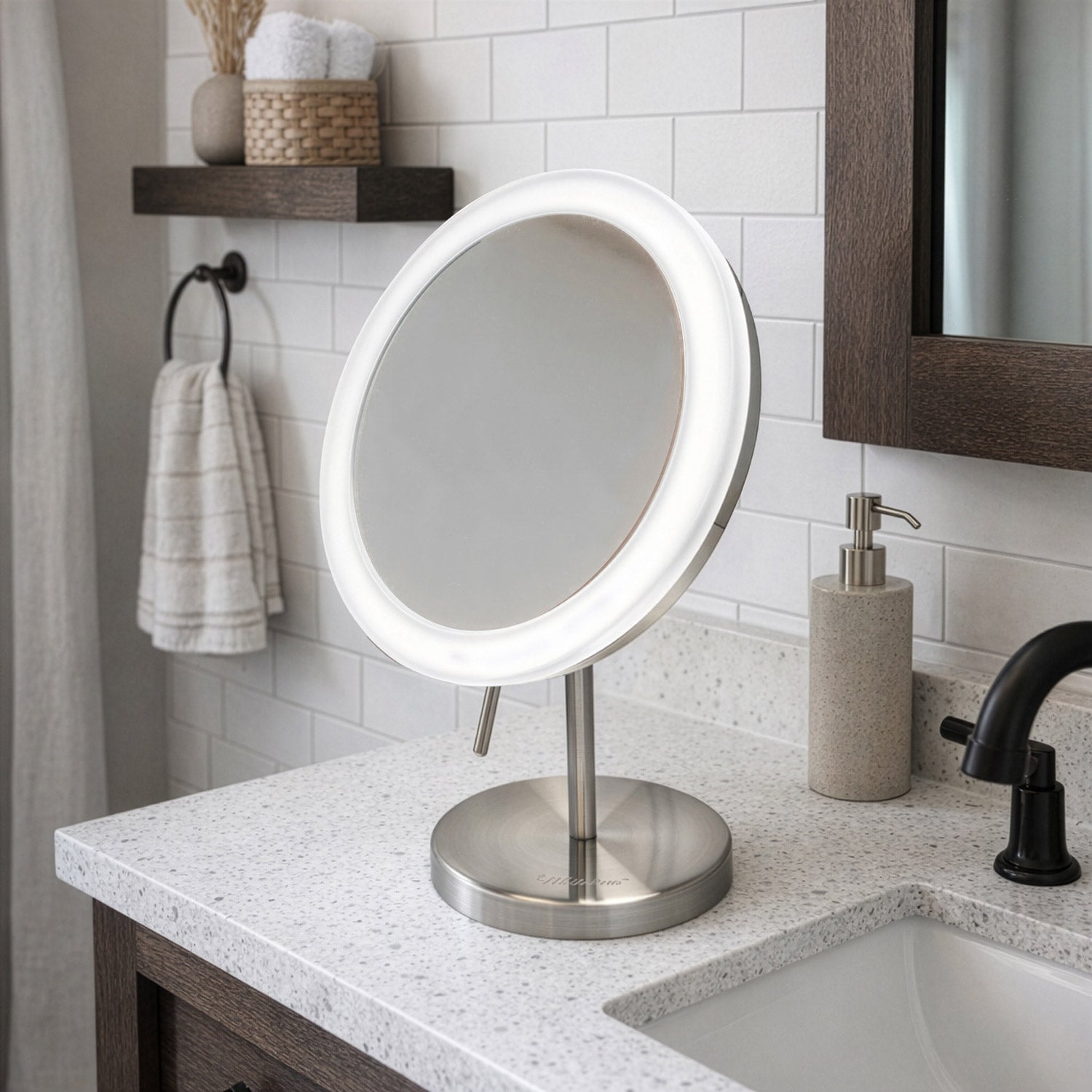Anodized aluminum body round freestanding LED 5X magnified vanity mirror