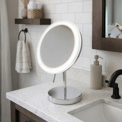 Anodized aluminum body round freestanding LED 5X magnified vanity mirror