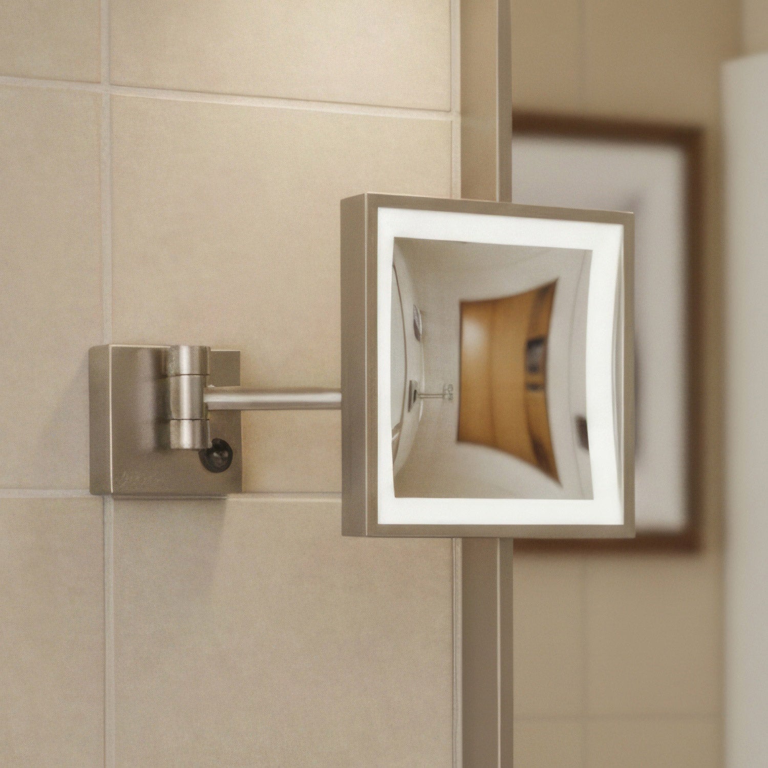 Anodized aluminum body square wall mount LED 5X magnified mirror