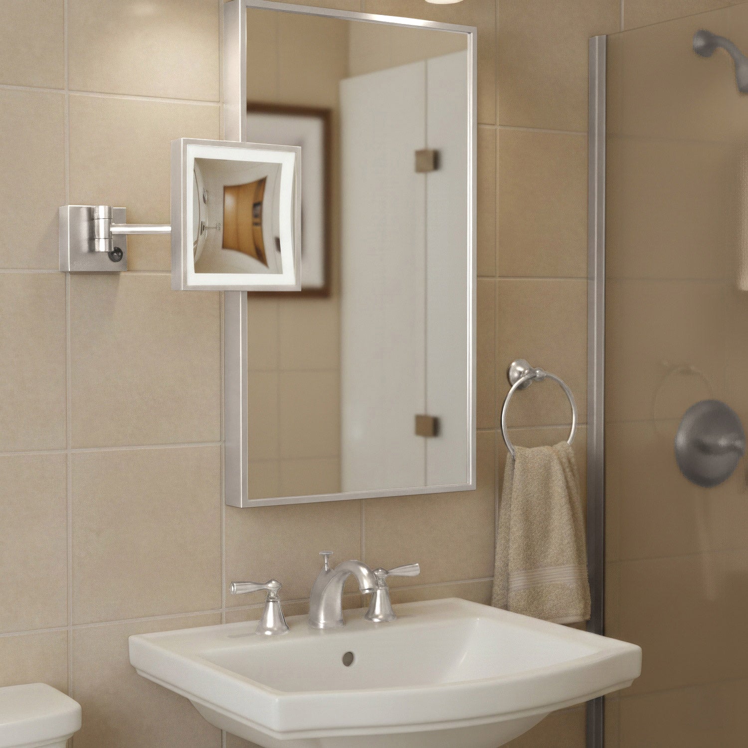 Anodized aluminum body square wall mount LED 5X magnified mirror