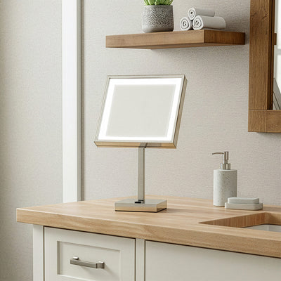 Anodized aluminum body square freestanding LED 5X magnified vanity mirror