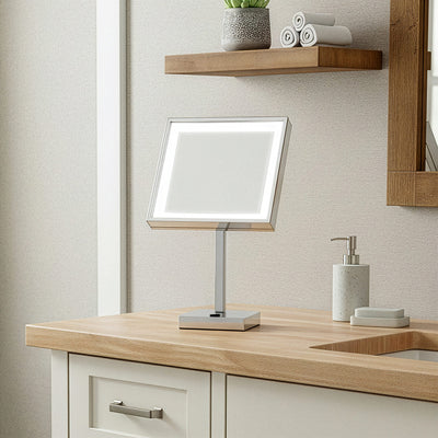 Anodized aluminum body square freestanding LED 5X magnified vanity mirror