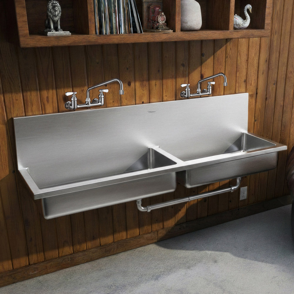 Brushed stainless steel double bowl wall mount utility sink