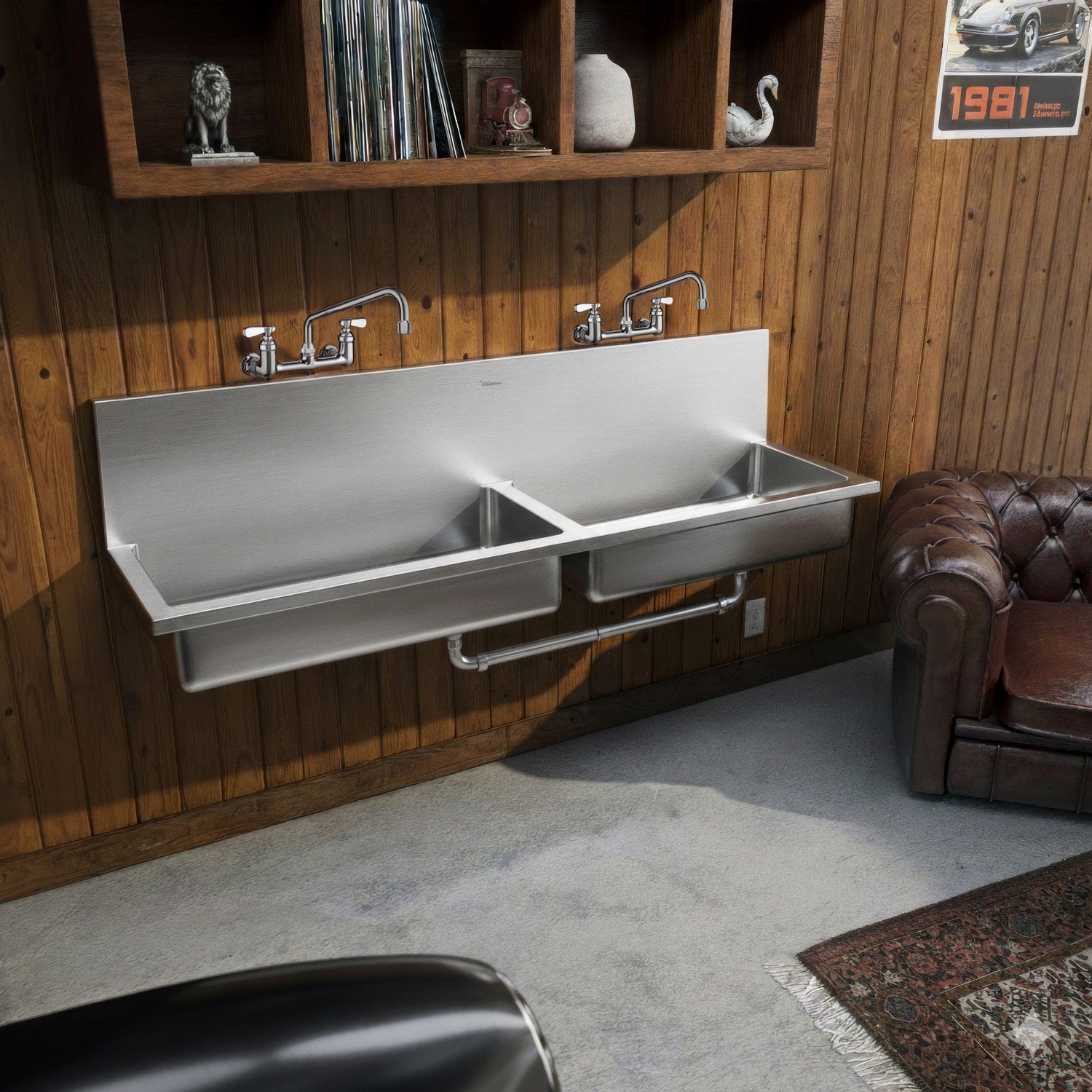 Brushed stainless steel double bowl wall mount utility sink