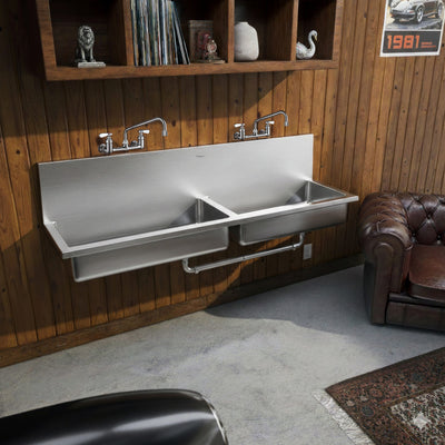Brushed stainless steel double bowl wall mount utility sink
