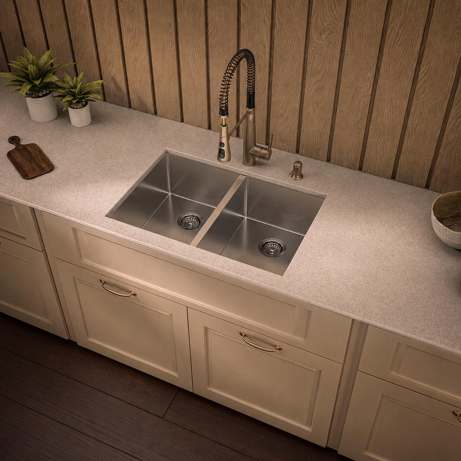 Brushed stainless steel commercial double bowl undermount kitchen sink