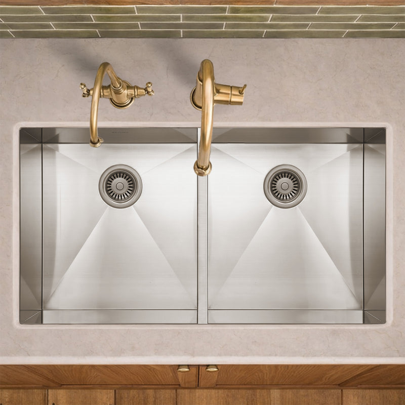 Brushed stainless steel commercial double bowl undermount sink