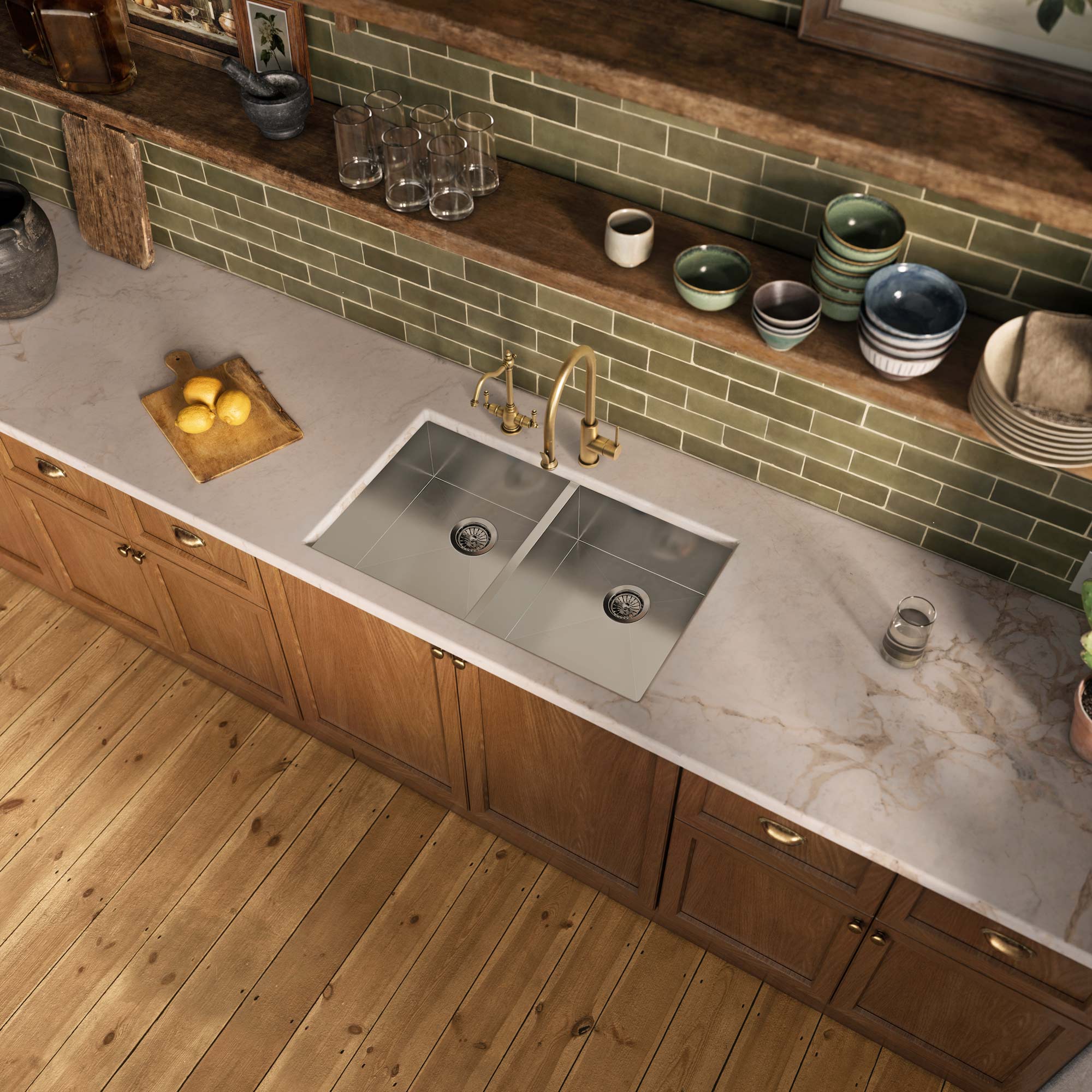 Brushed stainless steel commercial double bowl undermount sink