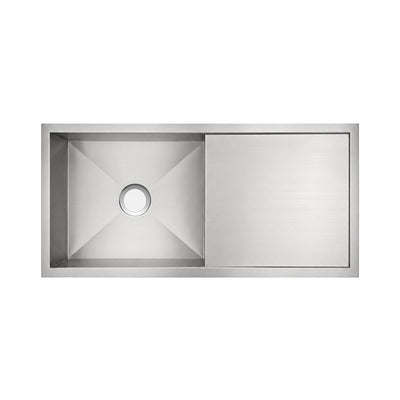 Brushed stainless steel commercial single bowl reversible undermount sink with integral drain board