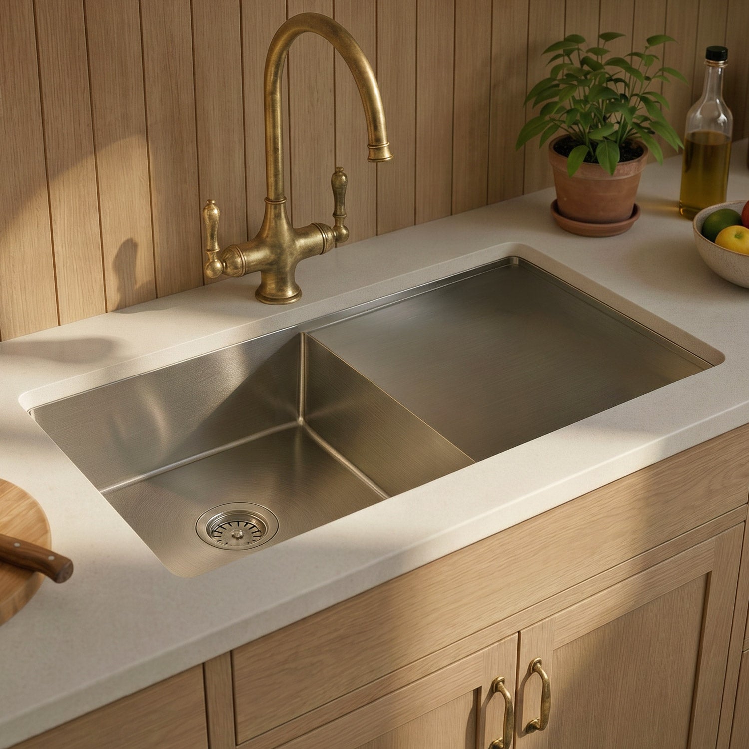 Brushed stainless steel commercial single bowl reversible undermount sink with integral drain board