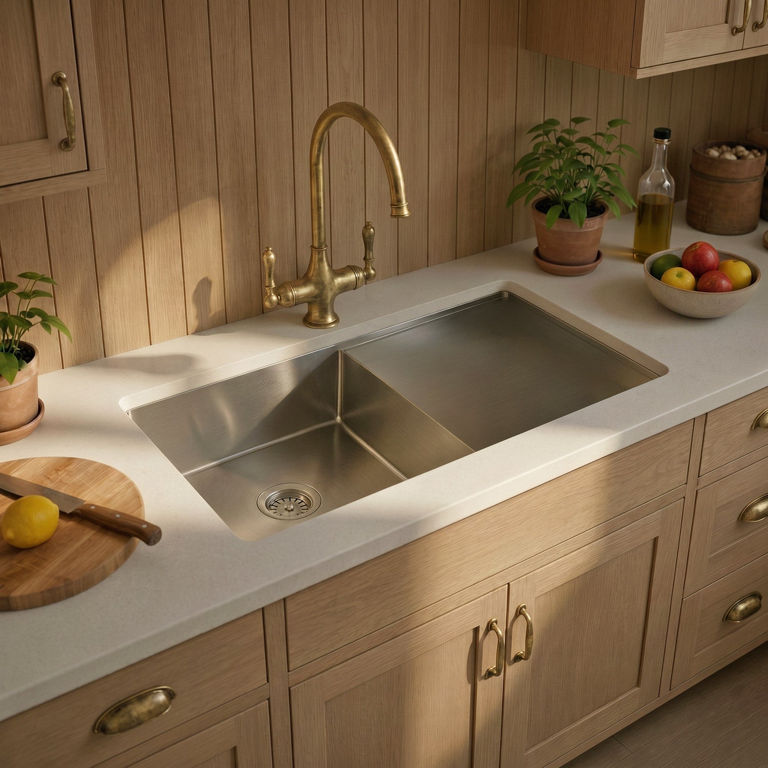 Brushed stainless steel commercial single bowl reversible undermount sink with integral drain board