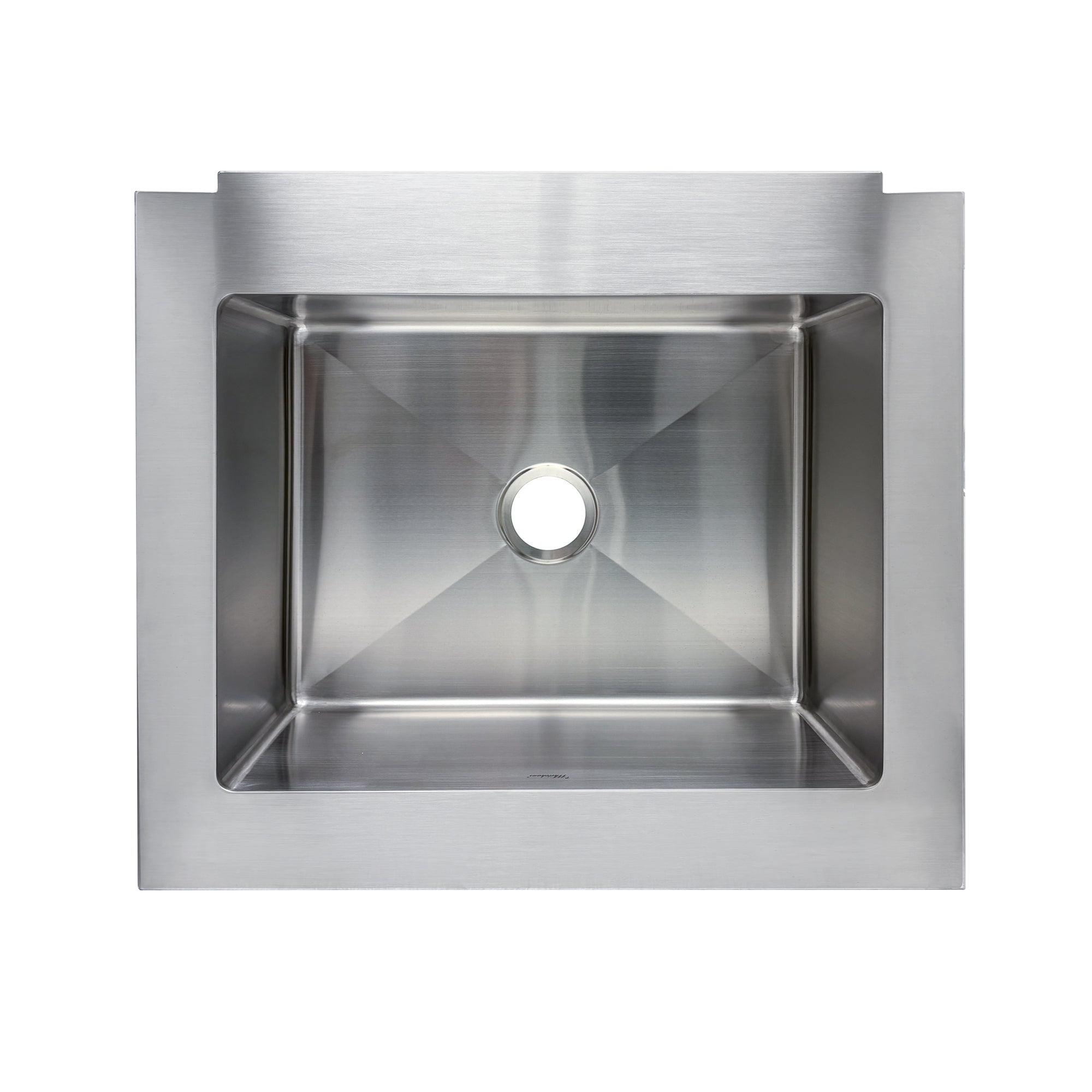 Brushed stainless steel commercial single bowl sink with a decorative notched front apron