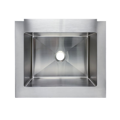 Brushed stainless steel commercial single bowl sink with a decorative notched front apron
