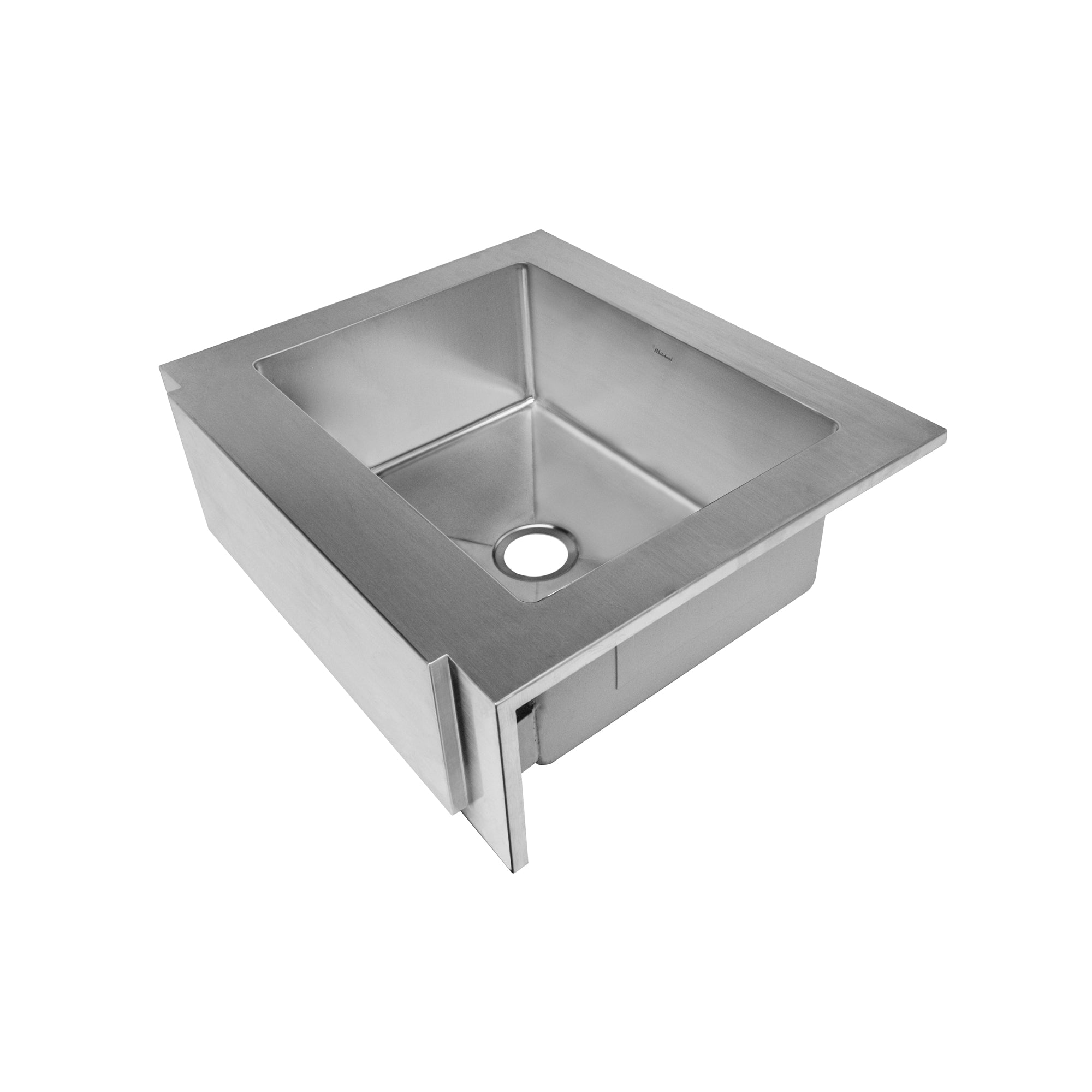 Brushed stainless steel commercial single bowl sink with a decorative notched front apron