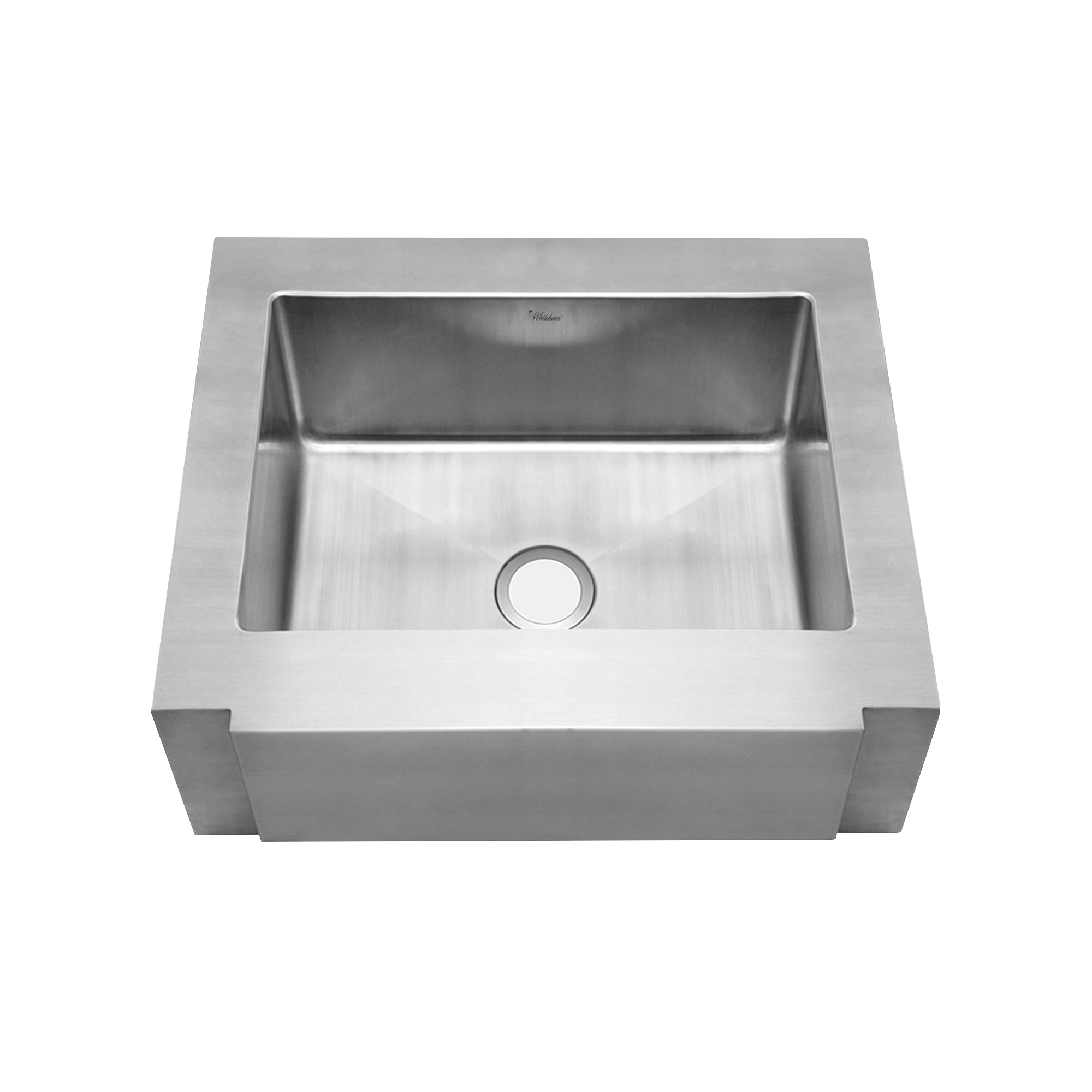 Brushed stainless steel commercial single bowl sink with a decorative notched front apron