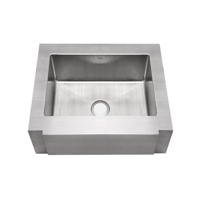 Brushed stainless steel commercial single bowl sink with a decorative notched front apron