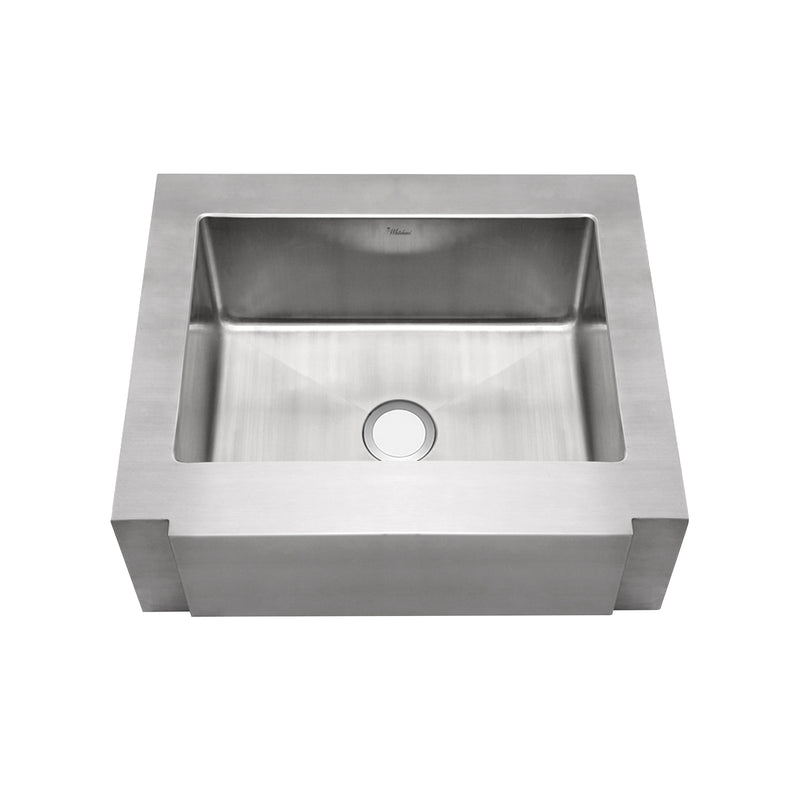 Brushed stainless steel commercial single bowl sink with a decorative notched front apron
