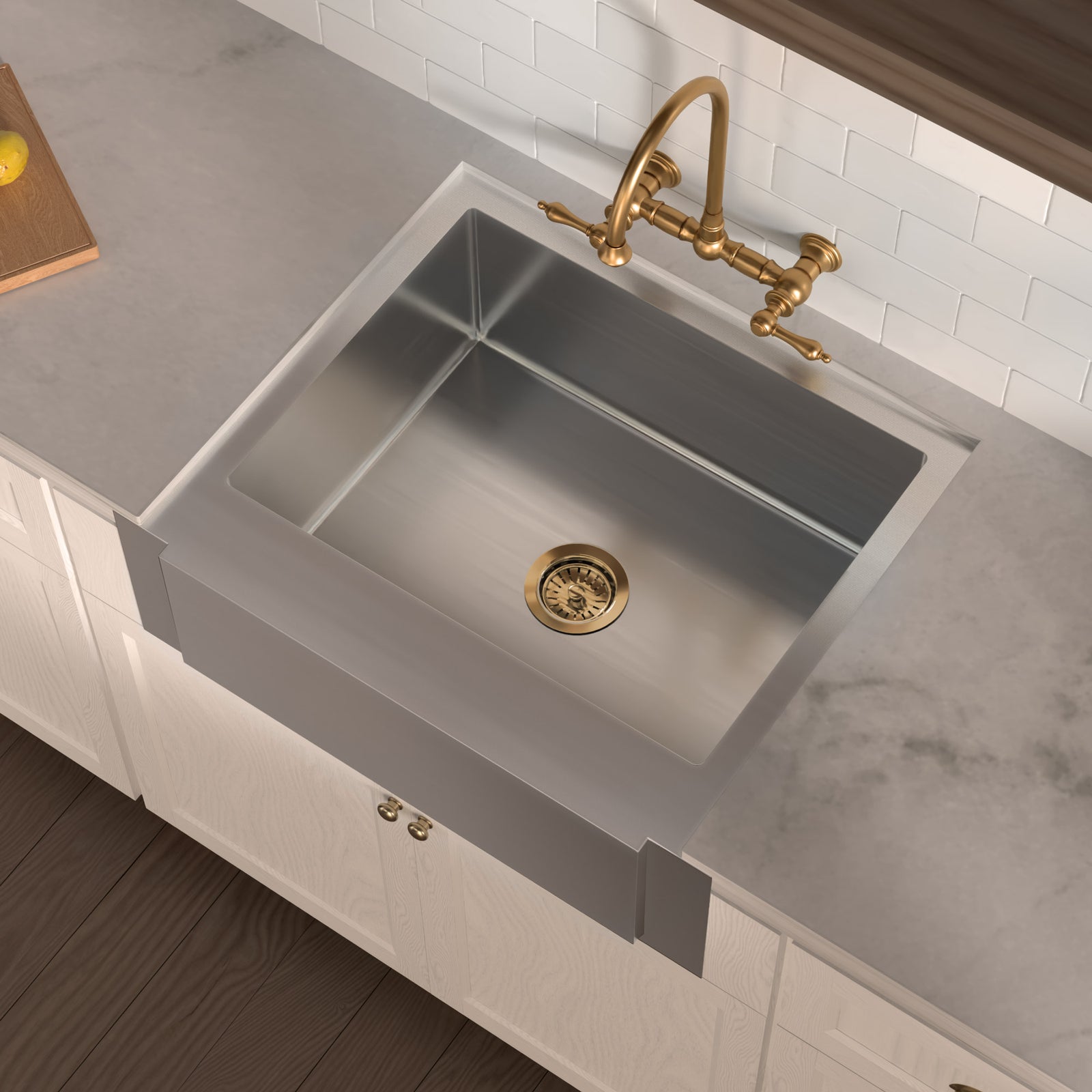Brushed stainless steel commercial single bowl sink with a decorative notched front apron