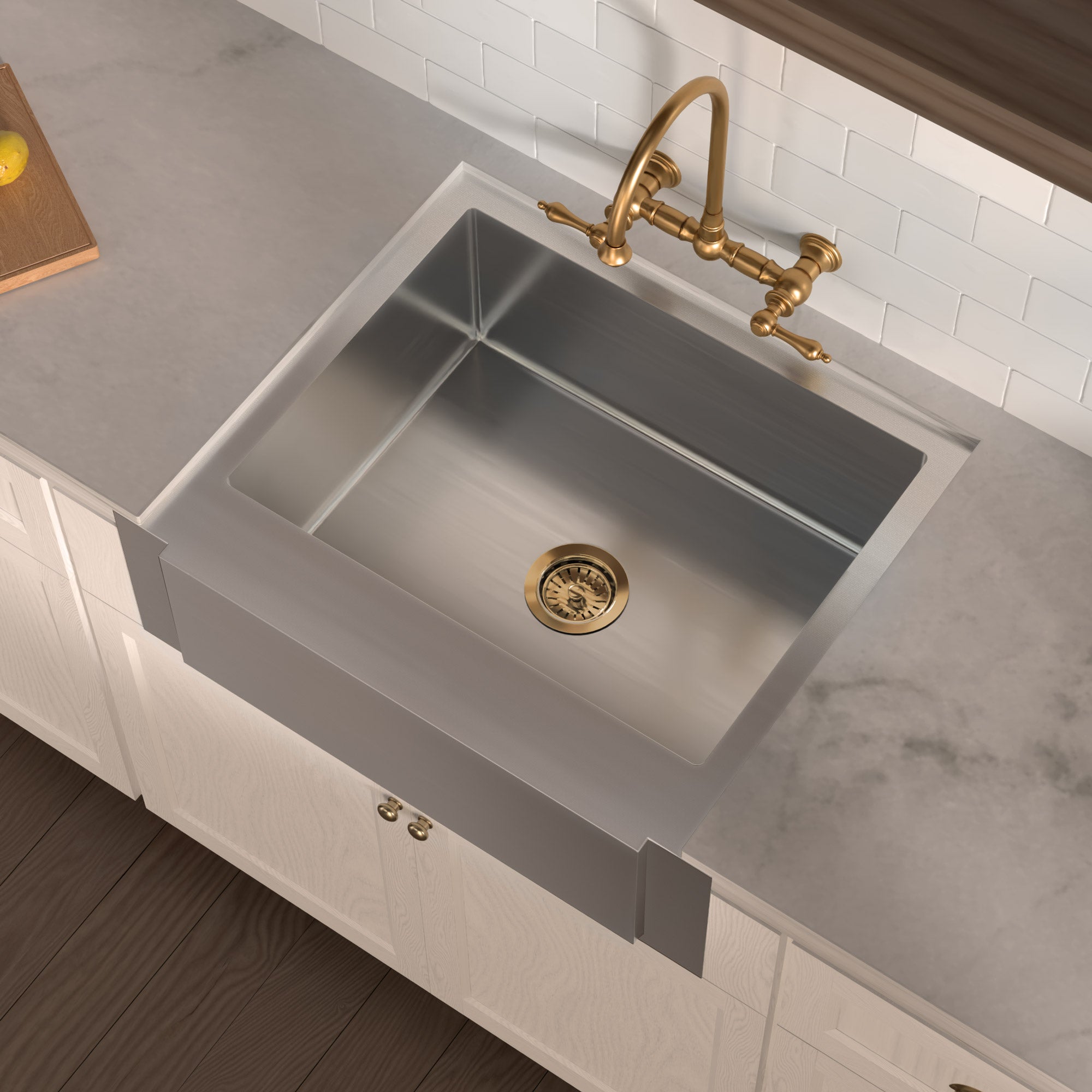 Brushed stainless steel commercial single bowl sink with a decorative notched front apron