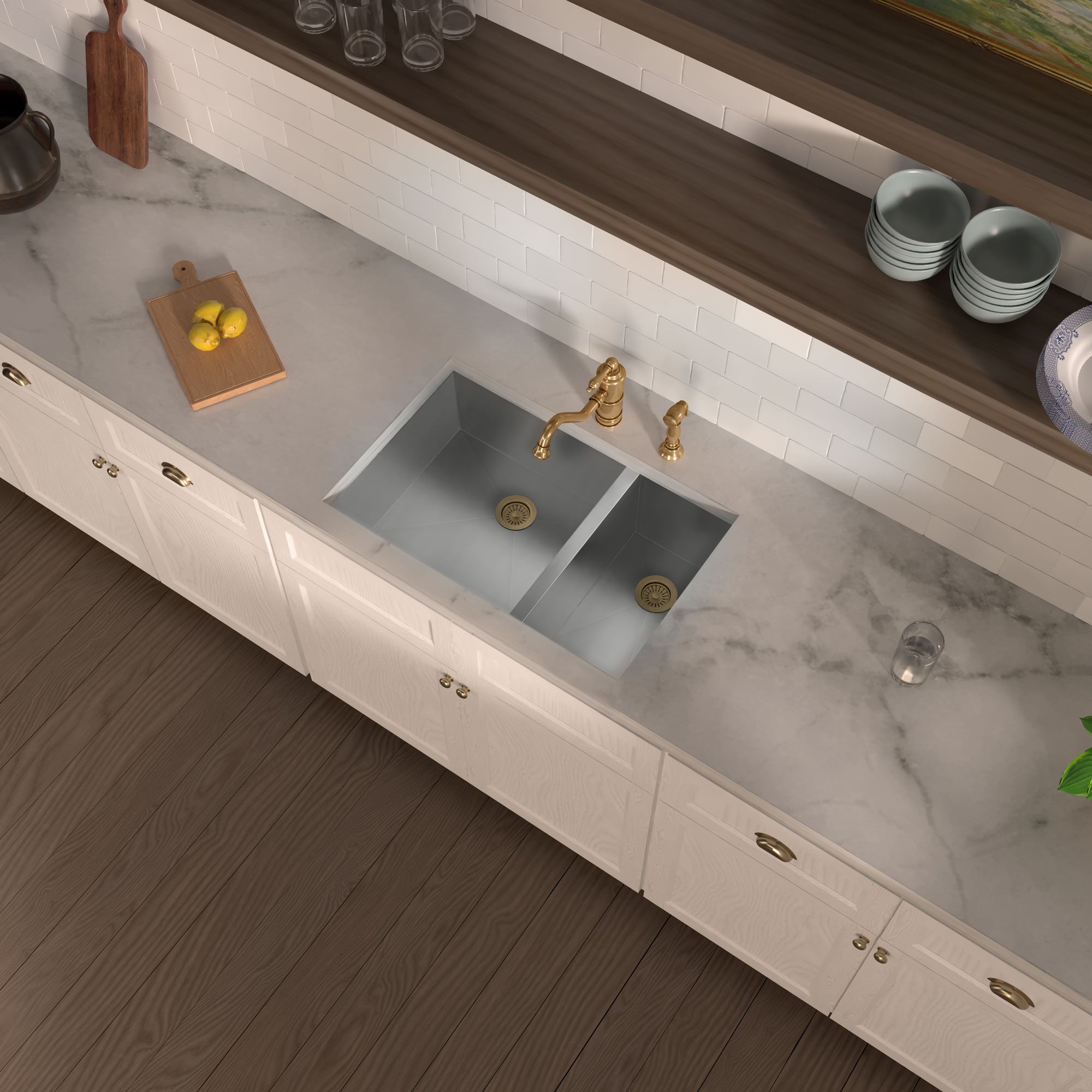 Brushed stainless steel commercial double bowl undermount sink