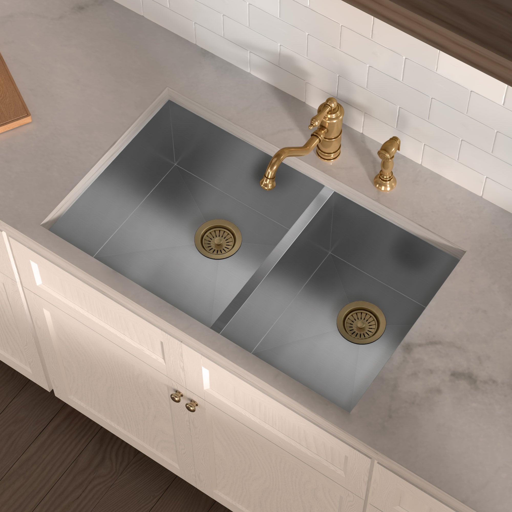 Brushed stainless steel commercial double bowl undermount sink