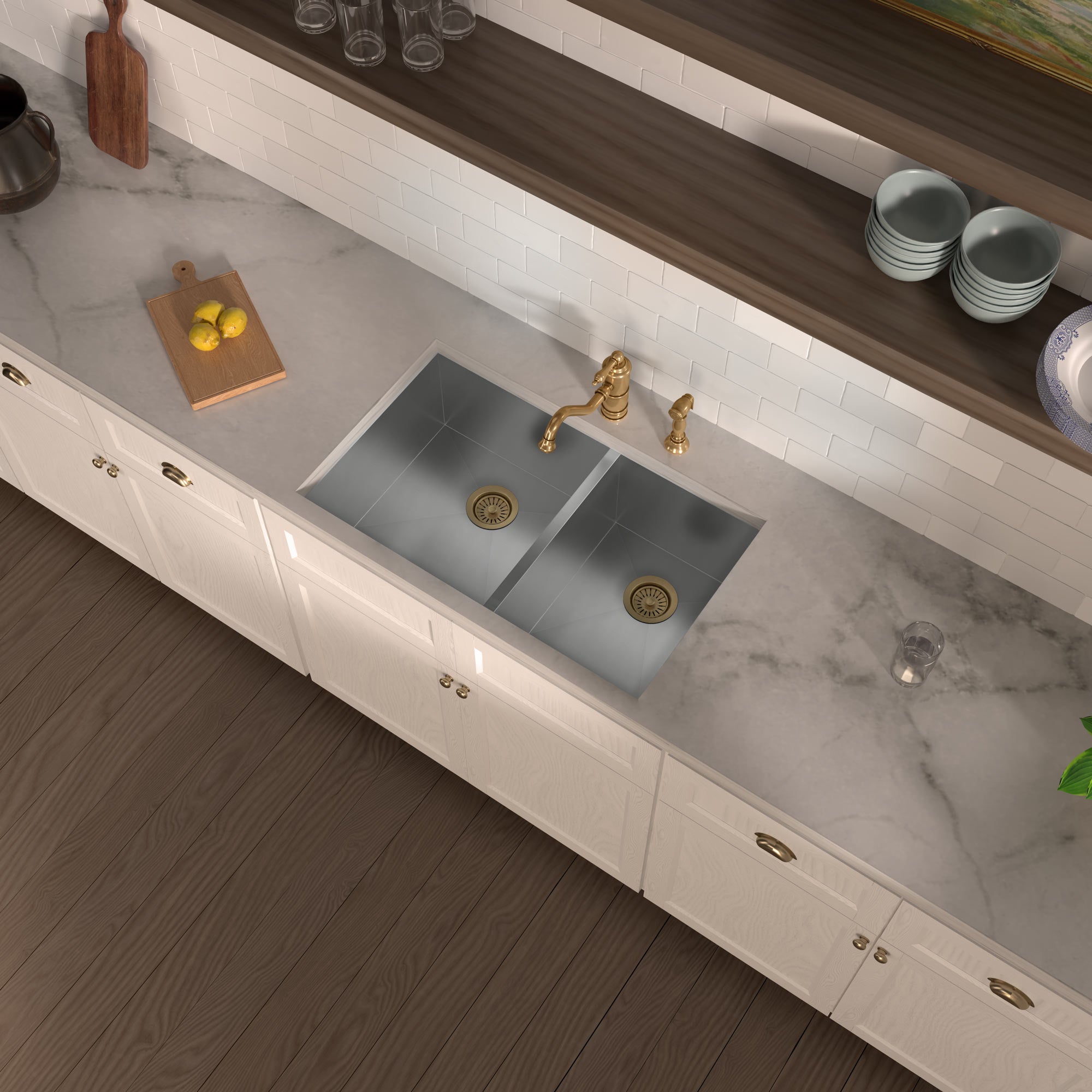 Brushed stainless steel commercial double bowl undermount sink