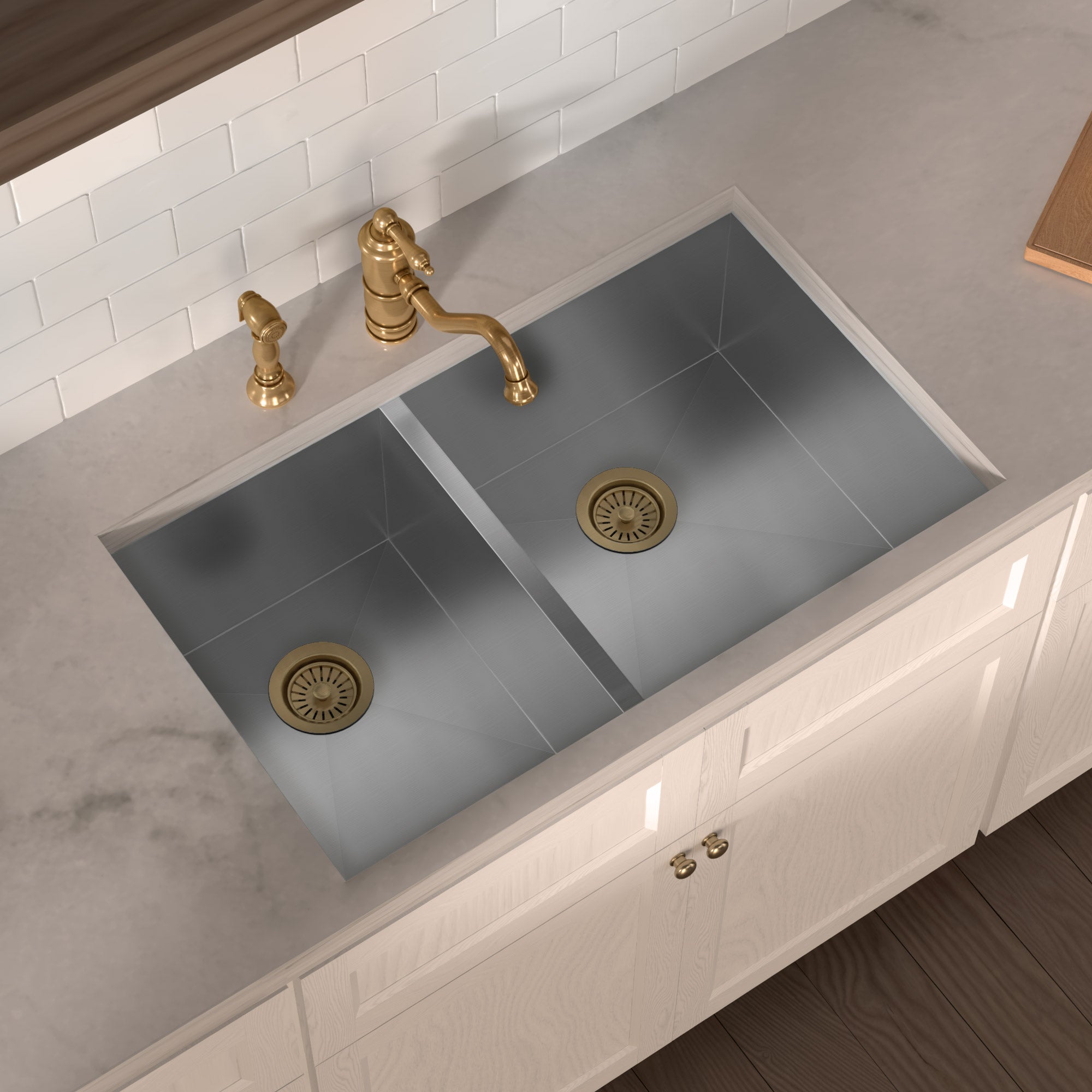 Brushed stainless steel commercial double bowl undermount sink