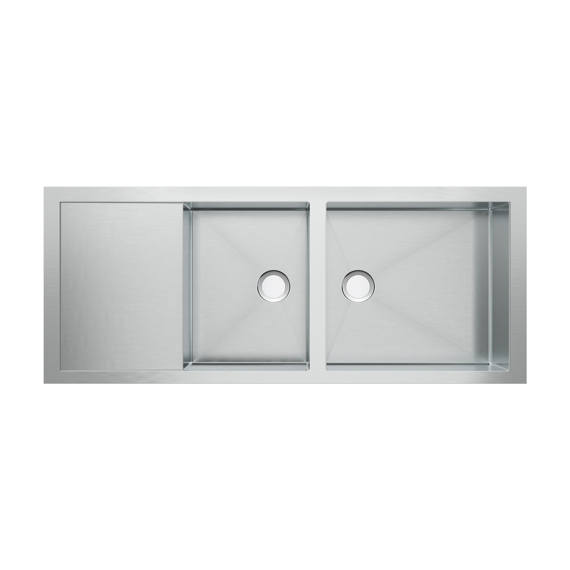Brushed stainless steel commercial double bowl reversible undermount sink with integral drain board