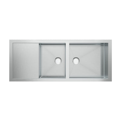 Brushed stainless steel commercial double bowl reversible undermount sink with integral drain board
